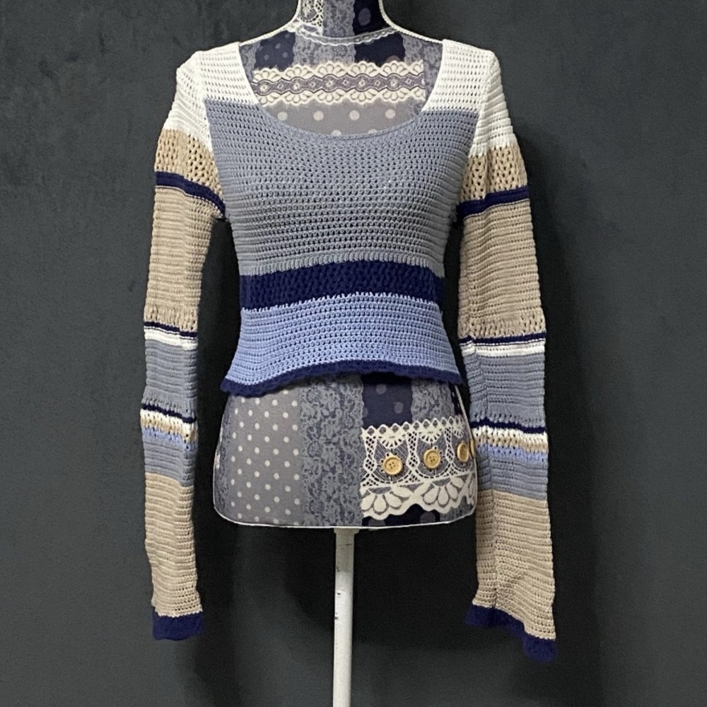 Altard State Crochet Top Womens XL Blue Colorblock Cropped Sweater Boho Beachy